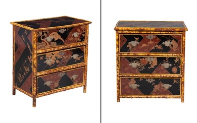 Pair of Bamboo and Chinoiserie Lacquer Chest of Drawers