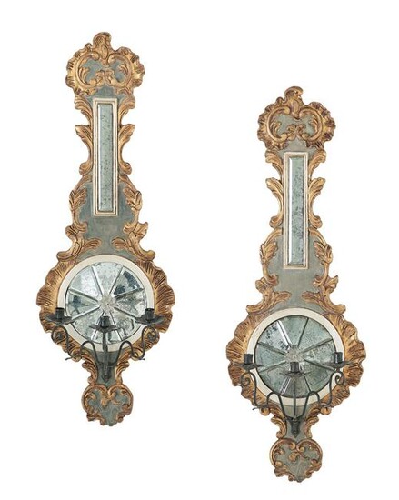 Pair of Carved and Parcel-Gilt Mirrored Sconces
