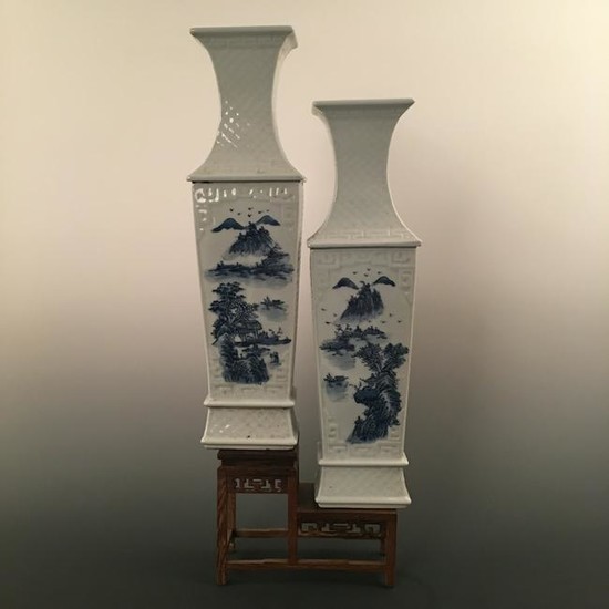 Pair of Chinese Blue-White 'Landscape' Square Vase
