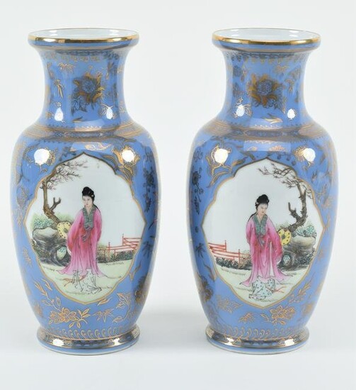 Pair of Chinese mid 20th century lavender ground famille rose porcelain vases with figures and gilt