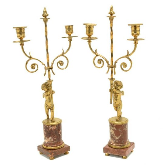 Pair of Dore Bronze Two Light Figural Candelabras on