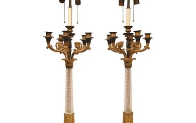Pair of Empire Style Glass Column Table Lamps