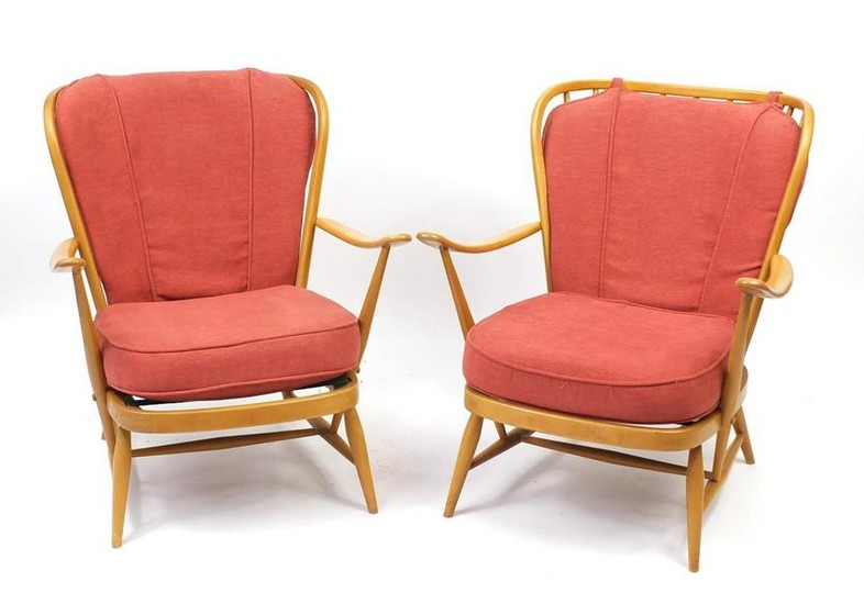 Pair of Ercol light elm easy chairs, 82cm high