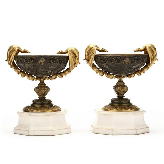 Pair of French Bronze Pedestal Bowls With Gilt Accents