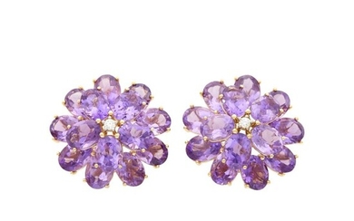 Pair of Gold, Amethyst and Diamond Flower Earclips