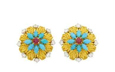 Pair of Gold, Platinum, Ruby, Turquoise and Diamond Flower Earclips