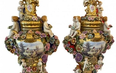 Pair of Hand Painted Porcelain "Cherub" Vases