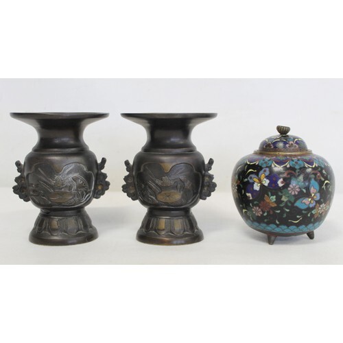 Pair of Japanese Meiji period small twin handled bronze vase...