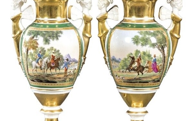 Pair of Paris porcelain vases, glazed, polychrome and