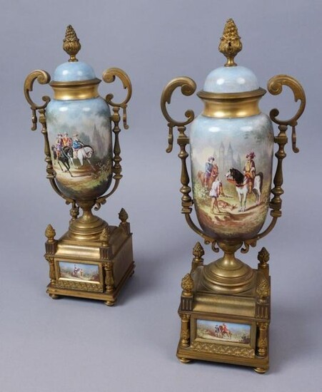 Pair of Sevres Style Bronze Mounted Porcelain Urns