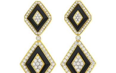 Pair of Two-Color Gold, Black Onyx and Diamond Pendant-Earrings