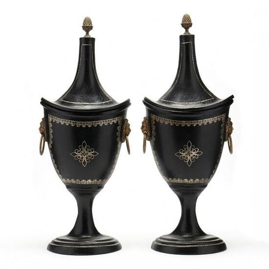 Pair of Vintage Leather Covered Mantel Urns