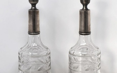 Pair of antique French silver mounted glass decanters