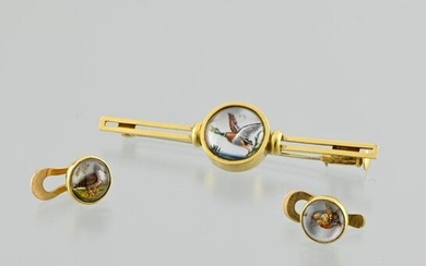 Pair of collar buttons and bird brooch-barrette