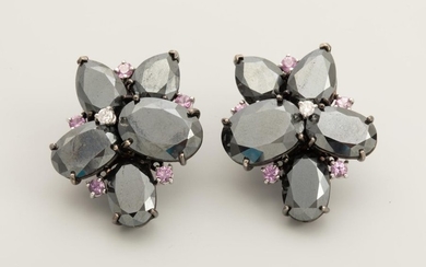 Pair of flower clip earrings in ematite and...