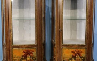 Pair of matching pine curios with painted doors
