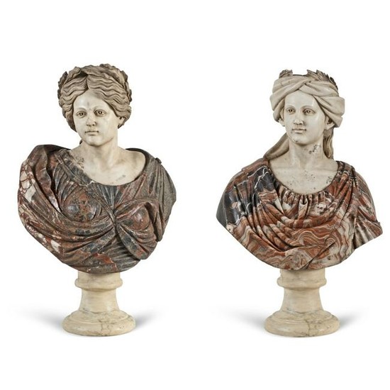 Pair of white and polychrome marble busts Italy, 20th
