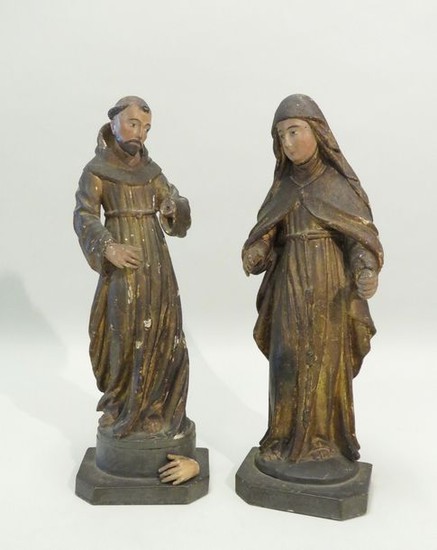 Paire de statuettes religieuses en bois stuqué ave…