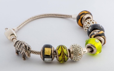 Pandora-like Bracelet With 9 Glass and Silver Charms, Sliver 925