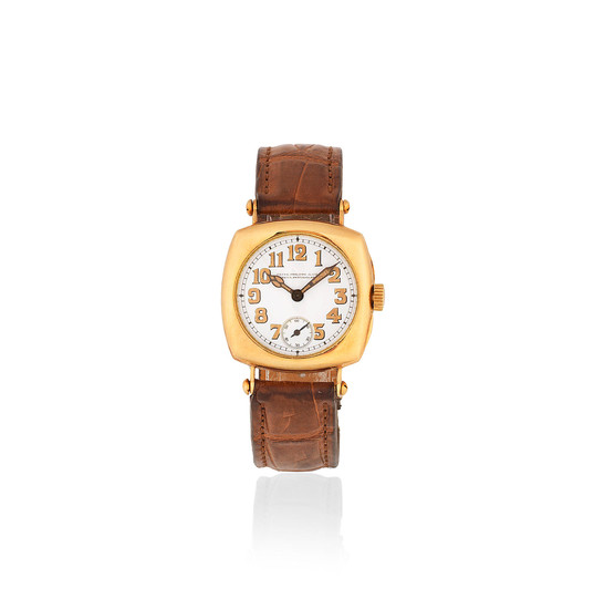 Patek Philippe. An early 18K gold manual wind cushion form officer's style wristwatch with enamel dial
