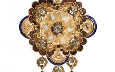 Pendant brooch in yellow gold and two-tone enamel. Quadrangular frontispiece with rounded profile