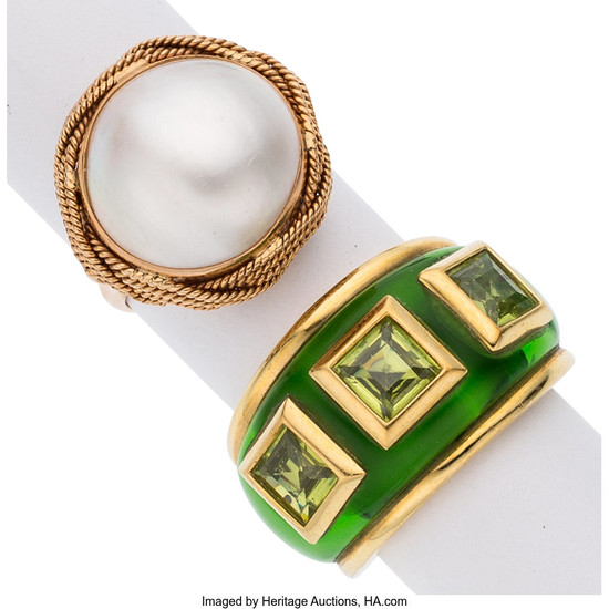 Peridot, Mabe Pearl, Enamel, Gold Rings The lot includes...