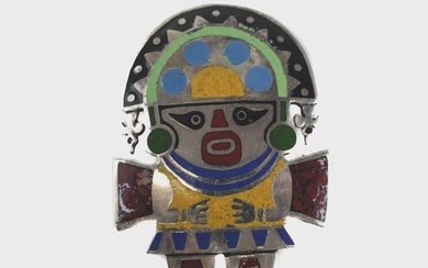 Peru Sterling Silver Multicolored Enamel Inca / Chimu figural Brooch Pendant