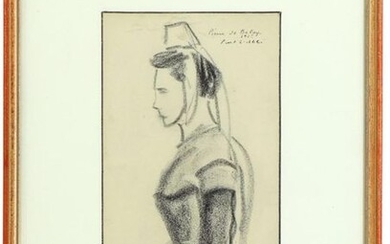 Pierre de BELAY (1890-1947) "Femme de Pont-l'Abbé", charcoal drawing, signed top right, located and dated "1925", 21 x 11,5 cm