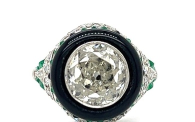 Platinum Diamond Onyx & Emerald Ring