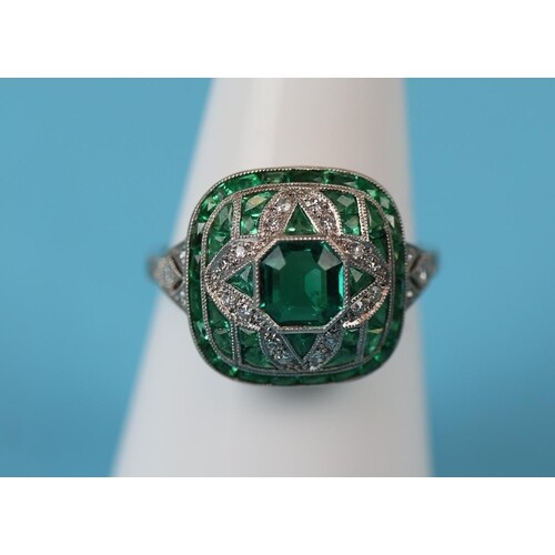 Platinum emerald and diamond Art Deco style ring