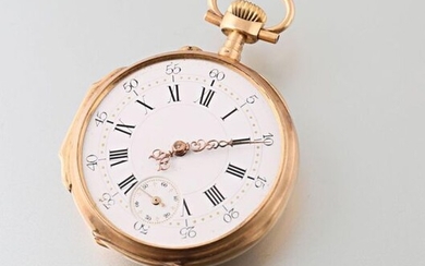 Pocket watch in 750-thousandths gold, round shape, white enamelled dial with Roman numerals for the hours and Arabic numerals for the minutes separated by a railway, auxiliary seconds dial at 6 o'clock, the reverse engraved with a numeral in a frame...