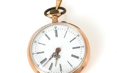 Pocket watch of 14k gold. Cylinder escapement and crown-winding. White dial with...