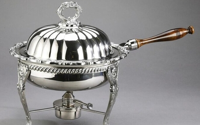 Poole silver plate and wood chafing dish