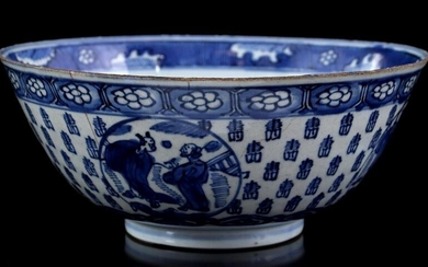 Porcelain bowl with blue depiction of a seated figure
