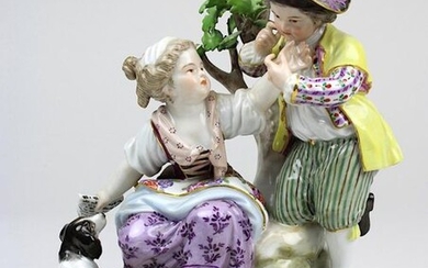 Porcelain figurine group "Summer", Meissen end of 19th century, allegory, after the model of M.V. Acier (Versailles 1736 - 1799 Dresden), painted in colour and gold, on the bottom blue sword mark and embossed number. F91, h: 16 cm, 1st choice, leaves...