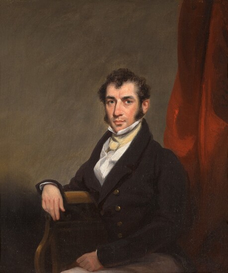 Circle of George Chinnery, Portrait of a gentleman, half-length, seated, wearing a blue coat