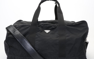 Prada Black Nylon and Saffiano Duffel Bag With Handle and Shoulder Strap