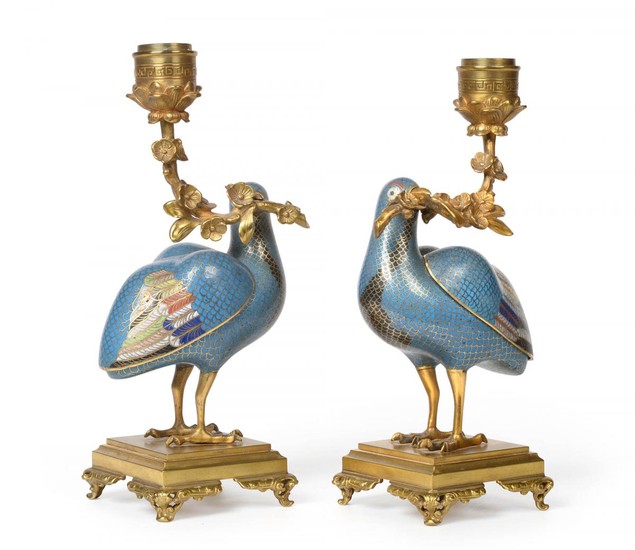 A Pair of Gilt Bronze Mounted Chinese Cloisonné Enamel Figures...