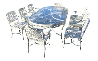 Quality vintage cast aluminum carved 9 piece glass top patio set: table and 8 chairs