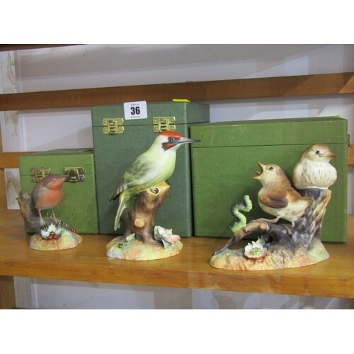 ROYAL CROWN DERBY BIRDS, three boxed groups, "Thrush Chicks"...