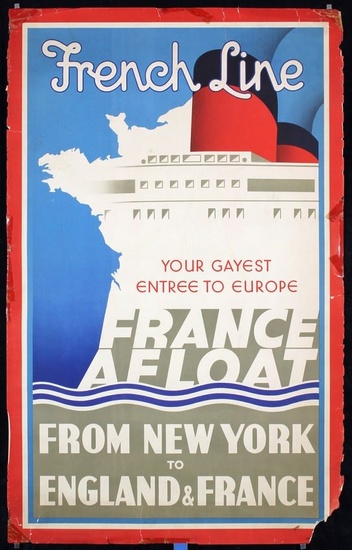 Rare Original ca. 1940s French Line Travel Poster