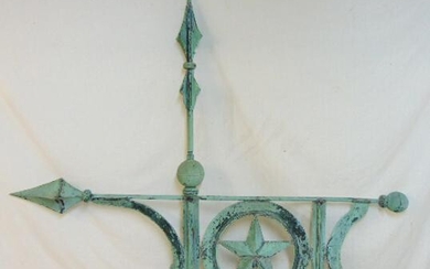 Rare banner weathervane in copper, green patina, with