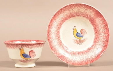 Red Spatter Rooster Pattern China Cup and Saucer.