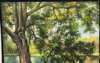 River Scene, Oak Tree Landscape Oil Painting