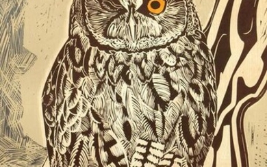 Robert Greenhalf, A Long-eared owl, linocut, artists