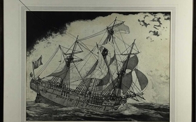 Robert Horne (1923-2010) signed limited edition etching - The Barque 'Endeavour', 20/100, 45cm x 58cm, in glazed frame