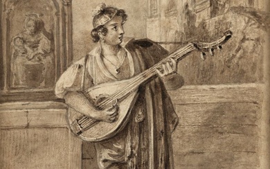 Rochussen, Henri (1812-1894). (Lute player). Drawing, brush and brown/ grey...