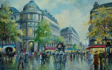 Roland Davies, British 1904-1993- A Corner of the Boulevard Italiens; oil on canvas, signed lower left, signed and titled on the reverse of the canvas, 50.5 x 76 cm (ARR)