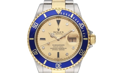 Rolex Reference 16613 T Submariner 'Serti' | A yellow gold and stainless steel wristwatch with date, bracelet and diamond and sapphire-set indexes, Circa 2003