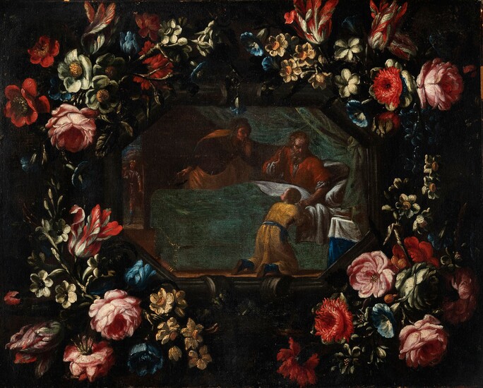 Roman school of the 17th century. "Orla de flores con escena de Isaac y Jacob"...